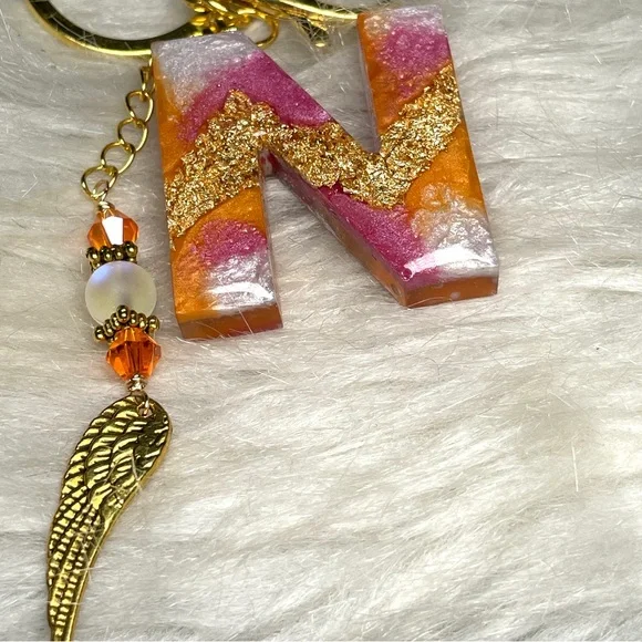 Orange, Gold and Pink Initial Letter “N” Boho Keychain With Angel Wing Charm - Picture 2 of 8